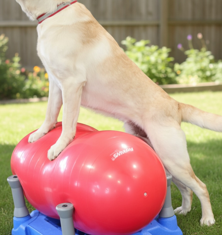 Yellow Lab performing canine fitness exercises on a inflatable therapy ball.