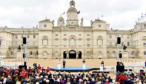 Lynne Lambert talking at RBL's Korean War Armistice event, Horse Guards Parade, London July 2023