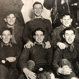 Young Forest of Dean national servicemen on their way to Korea, back row L-R: John Gazzard, Mick Turley, John Sladen; front row L-F: David Gardiner, Roy Mills, Bob Taylor.
Photo from Gardiner family collection.