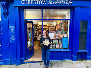 Author, Lynne Lambert, with Nobber's Boy at Chepstow Book & Gifts