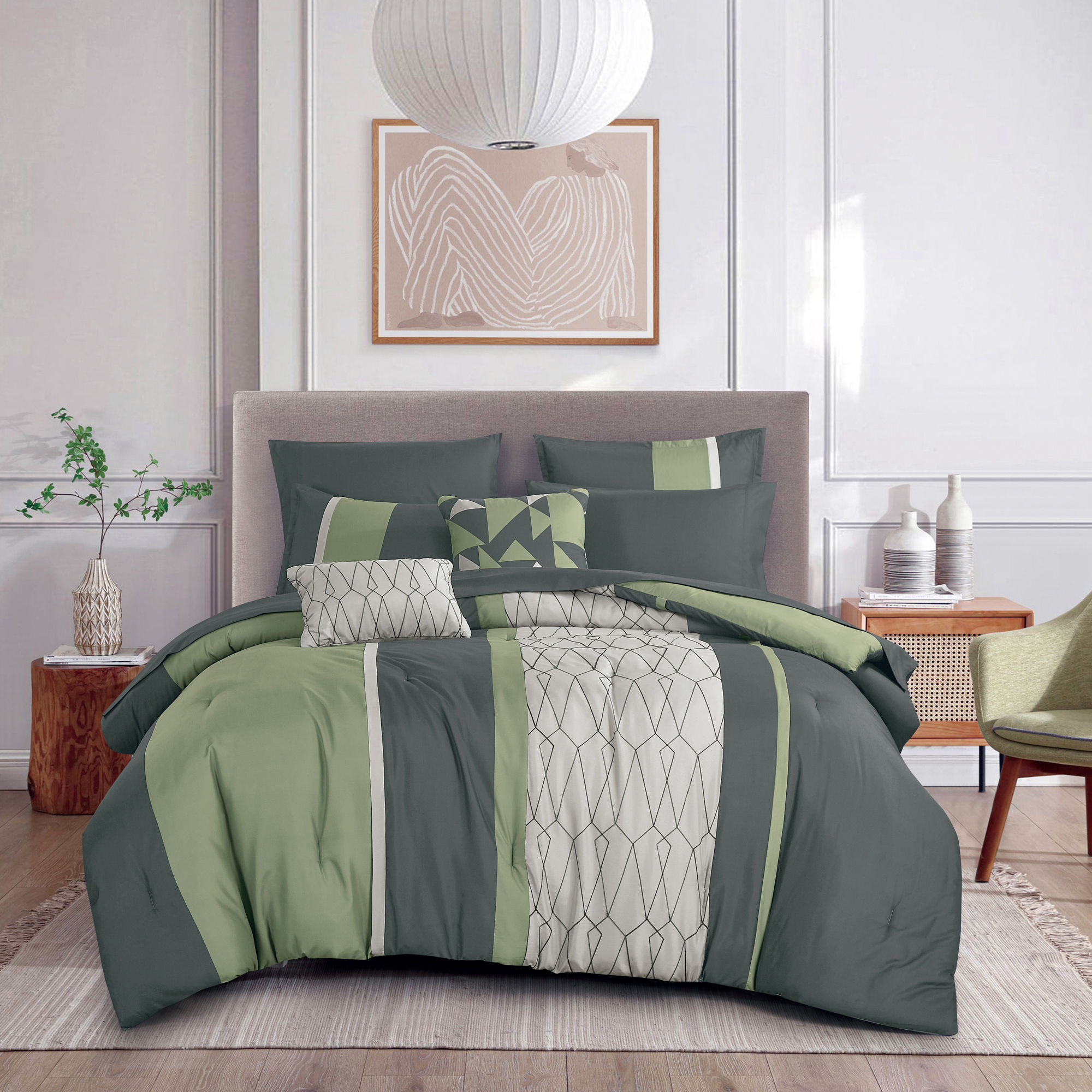 Sage Green & Grey Comforter Set with Sheets