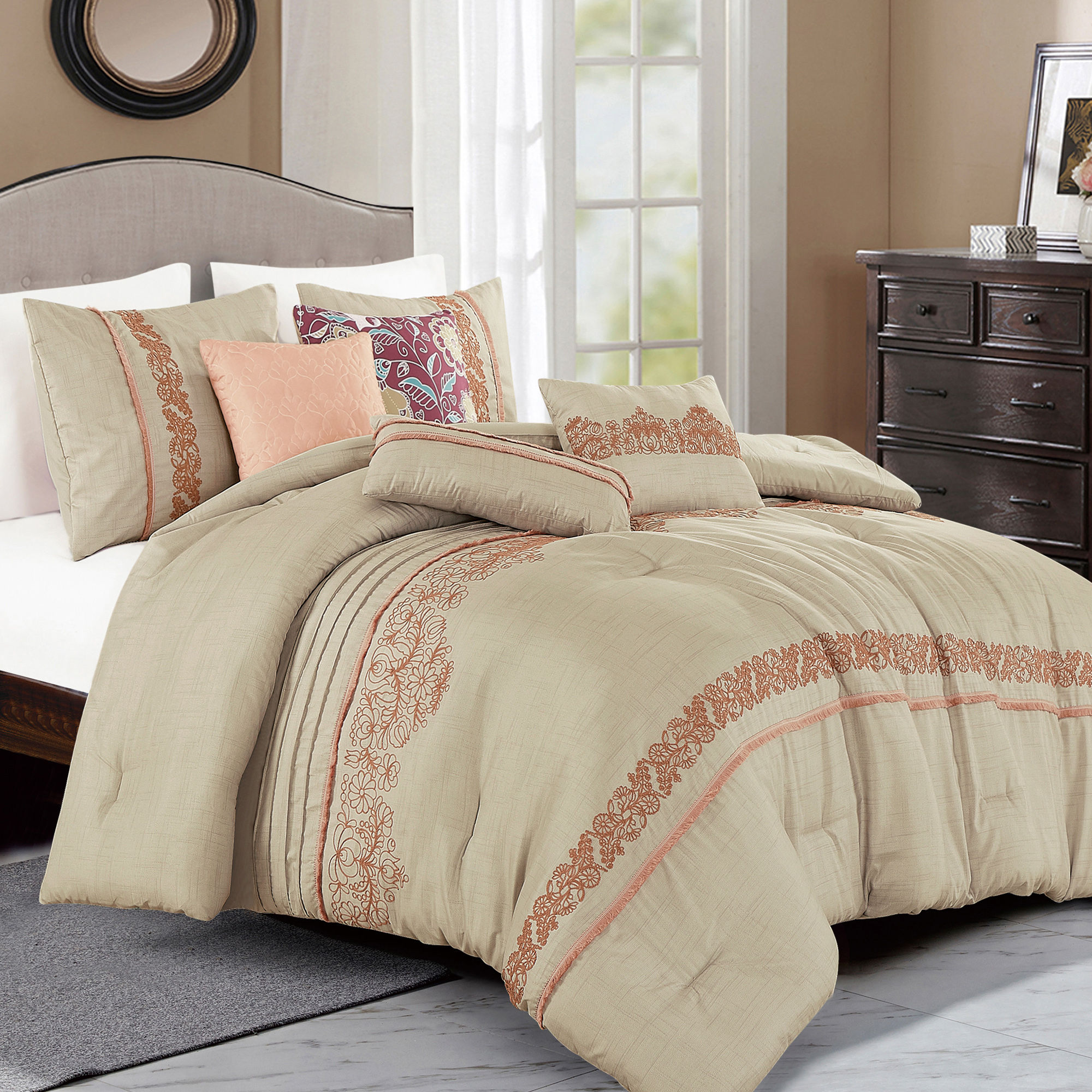 Tan Taupe Embroidered Comforter Set