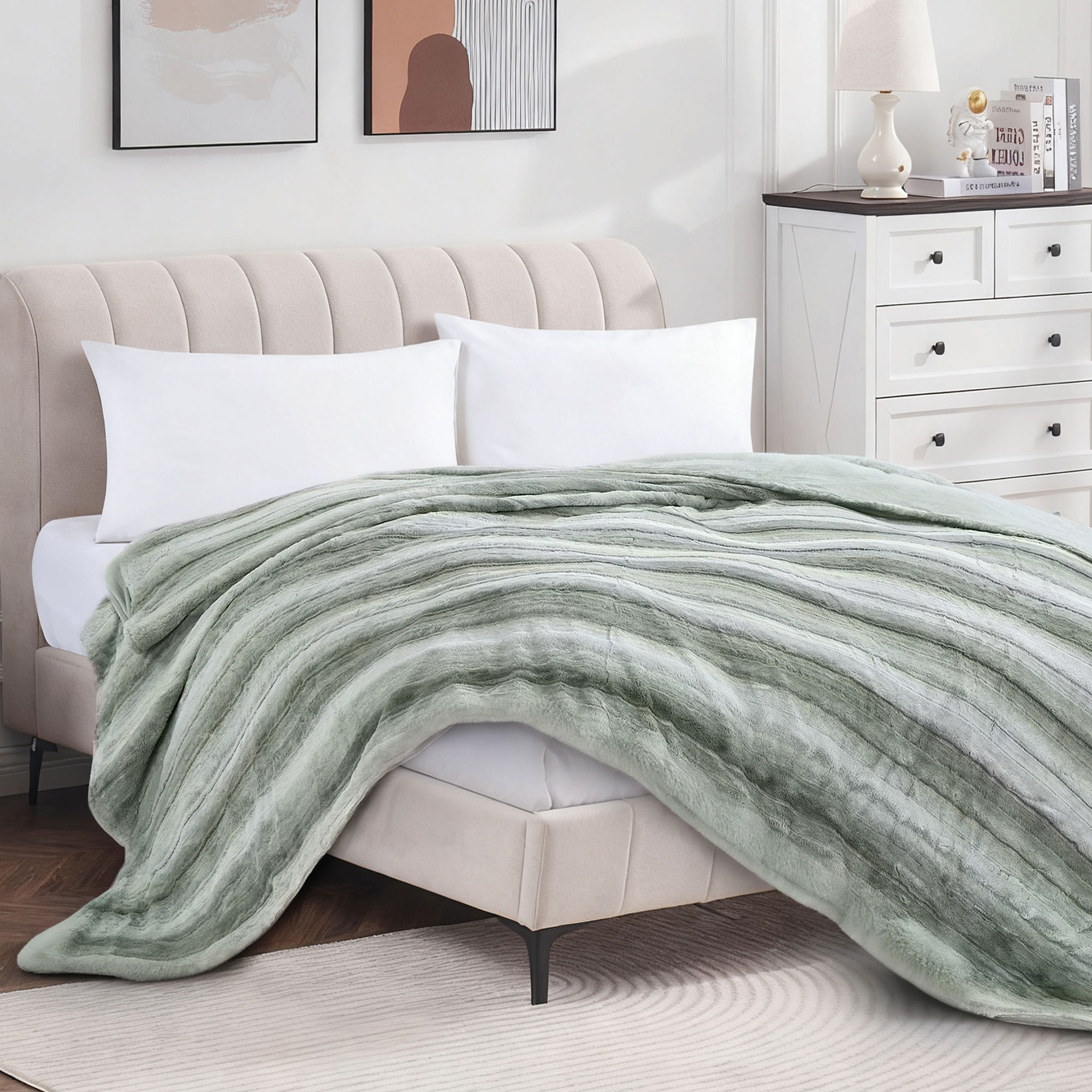 Green Faux Rabbit Fur Throw Blanket