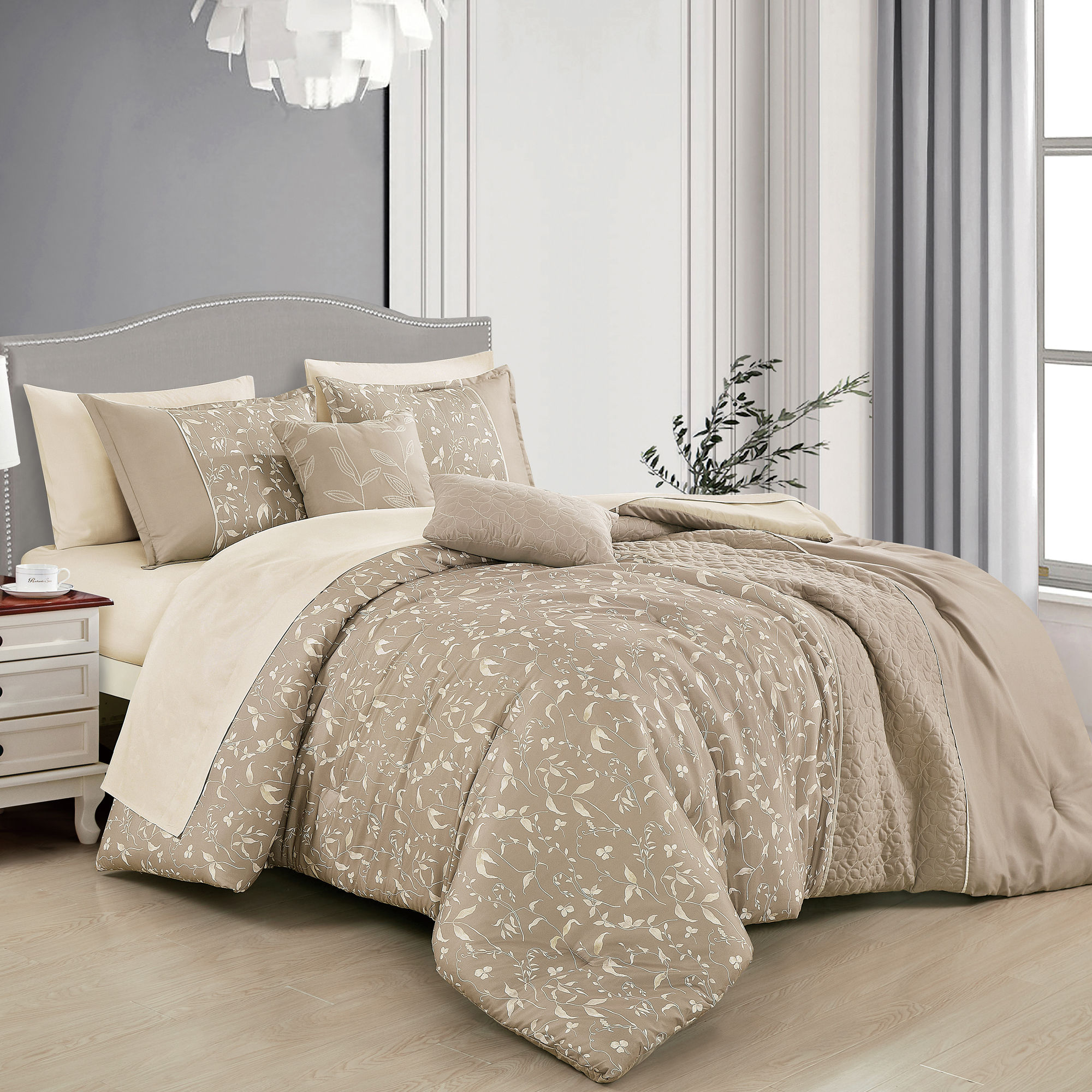 Bed in a Bag Taupe and Beige Floral Comforter and Sheet Set