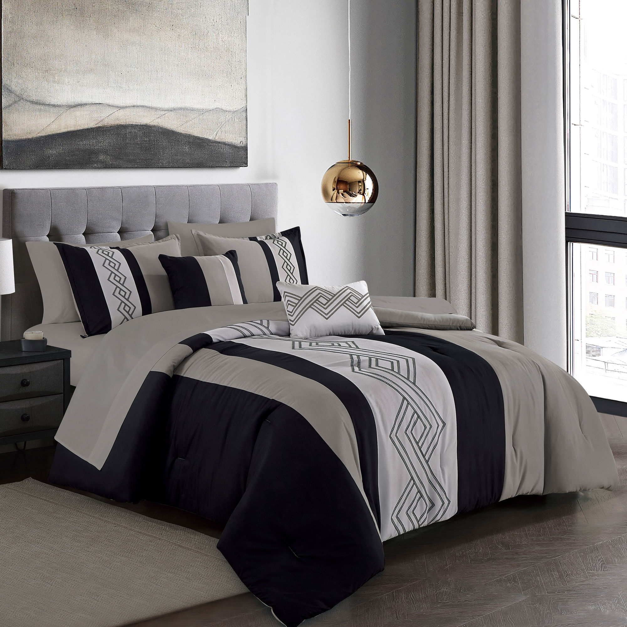 Bed in a Bag 9-Piece Black and Gray Comforter and Sheet Set