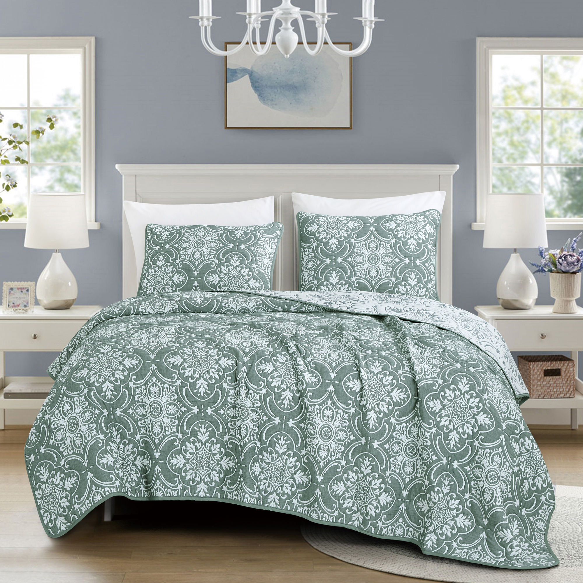Green Matelassé Cotton Coverlet Set