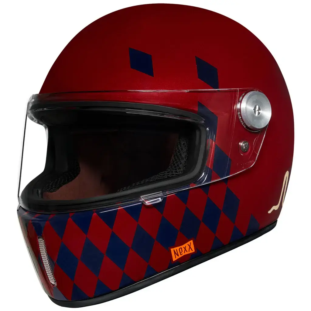 Nexx X.G100R Checkmate Burgundy Retro Vintage Full Face Motorcycle Helmet featuring a bold classic design with glossy burgund