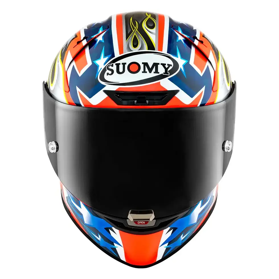 Thumbnail: Front view of Suomy SR-GP EVO Glory Race helmet highlighting wide visor opening and chin vent system.