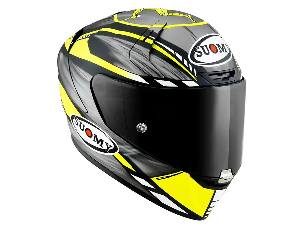 Thumbnail: Rear view of Suomy SR-GP On Board Matte Grey/Yellow Helmet displaying aerodynamic spoiler, exhaust vents, and Suomy logo.