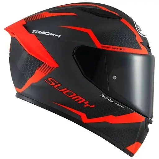 Thumbnail: Front angle of Suomy Track-1 Reaction #7 helmet displaying wide visor, chin vent, and aggressive styling.