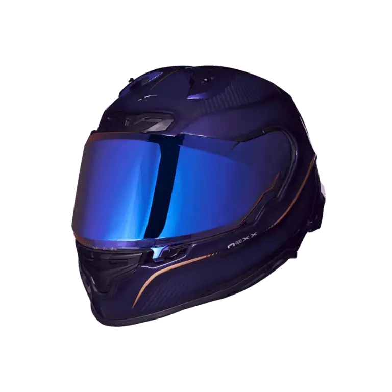 NEXX XR3R Hagibis Purple Carbon Fiber Motorcycle Racing Helmet with aerodynamic shell and glossy purple carbon finish.