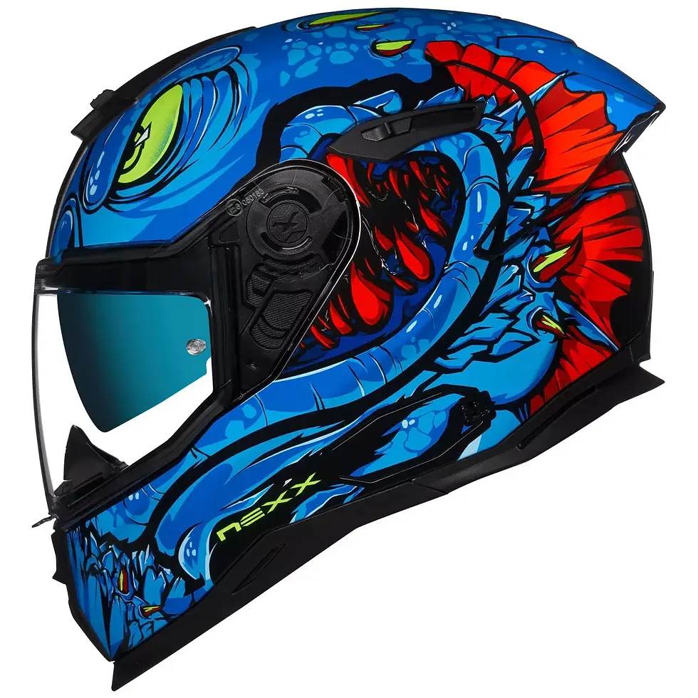 Side view of Nexx SX.100R Abisal Blue Red Helmet highlighting sporty contours, ventilation panels, and premium glossy finish.