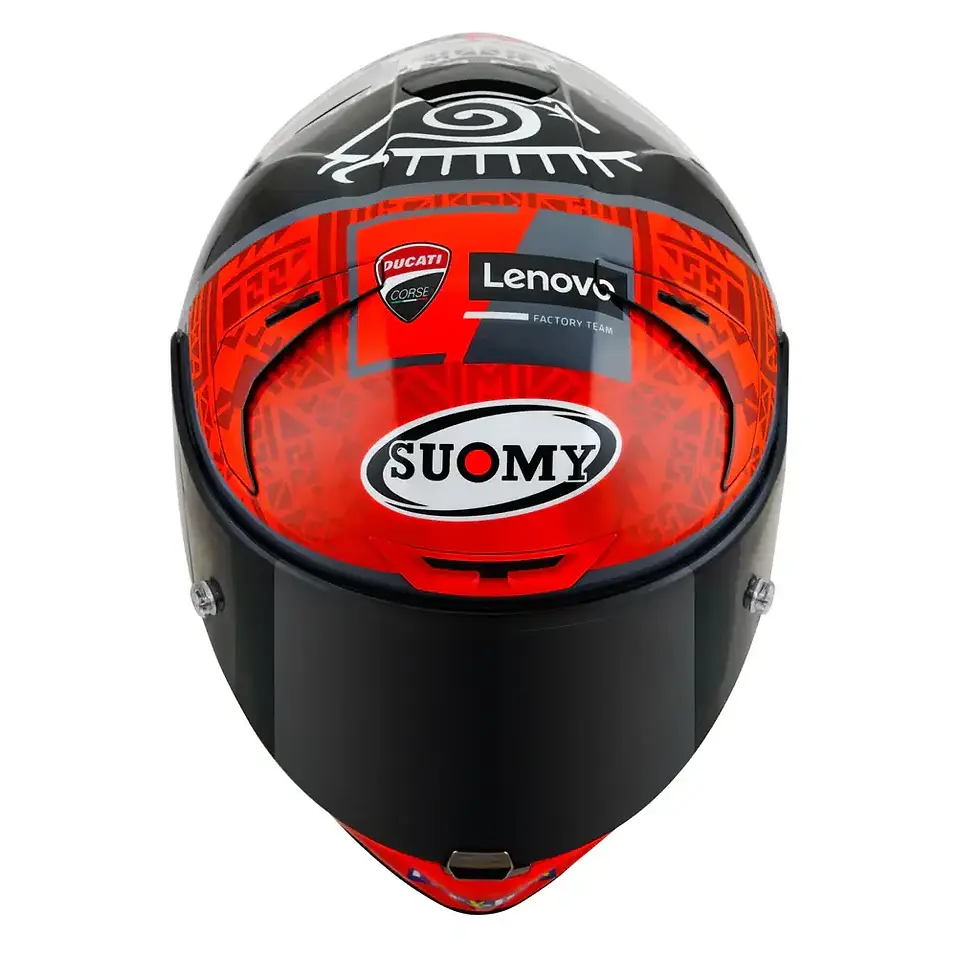 Thumbnail: Close-up of visor locking system and ventilation details on Suomy SR-GP Bagnaia 2022 helmet.