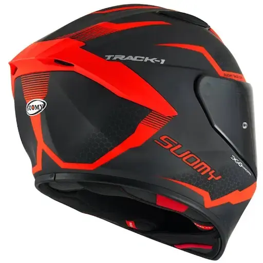 Thumbnail: Rear view of Suomy Track-1 Reaction #7 helmet showing integrated spoiler and airflow channels.