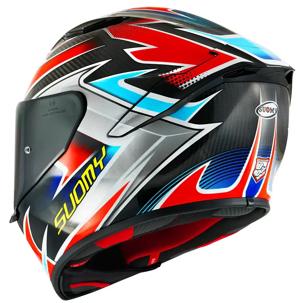 Thumbnail: Suomy TX-PRO Flat Out helmet featuring striking red, white, and black race graphics with aerodynamic full-face design.