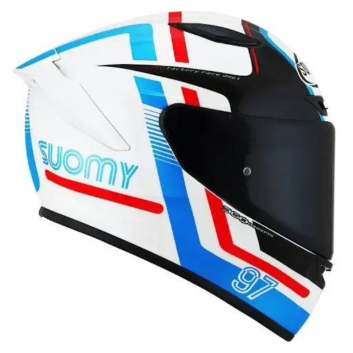 Thumbnail: Close-up of Suomy Track-1 97 White/Red/Blue helmet visor mechanism and smooth finish details.