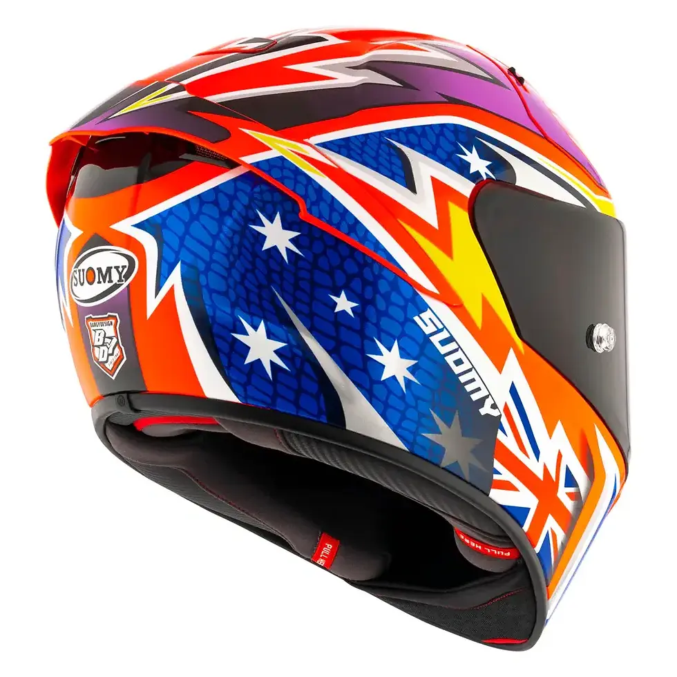 Thumbnail: Rear view of Suomy SR-GP EVO Legacy helmet displaying aerodynamic spoiler and Suomy logo branding.