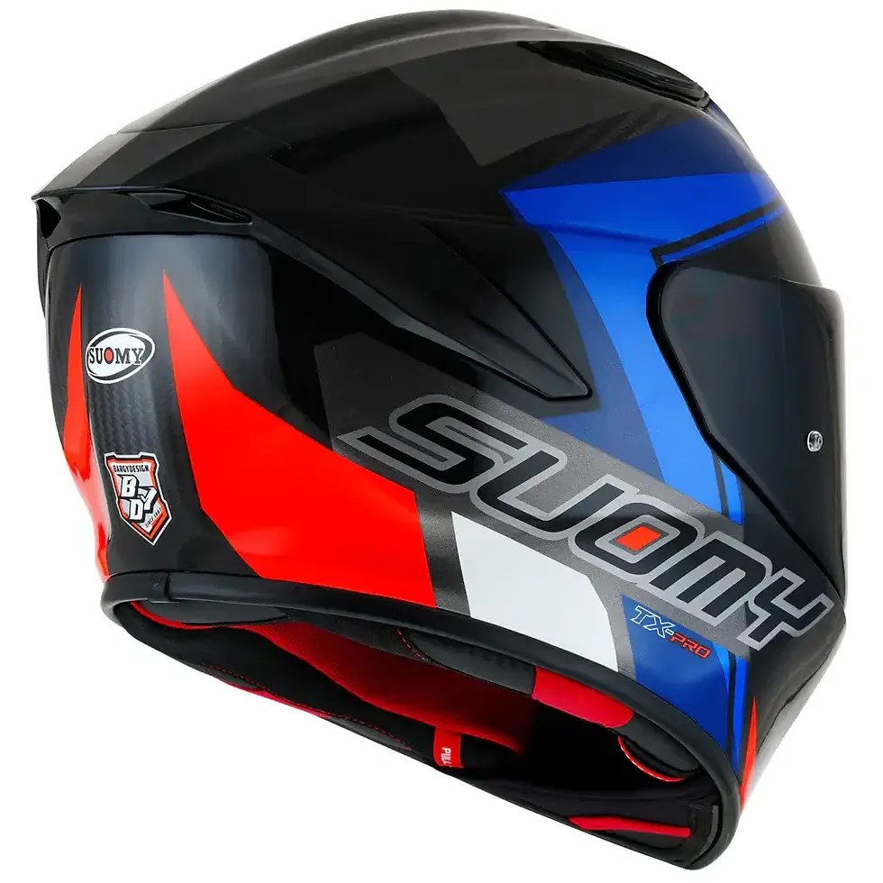 Thumbnail: Angled shot of Suomy TX-PRO Glam Blue Racing Helmet showing sleek contours and high-performance design.