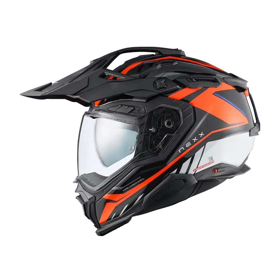 NEXX X.WED3 Gobi Orange White Adventure Motorcycle Helmet featuring bold orange and white color scheme, aerodynamic peak, and