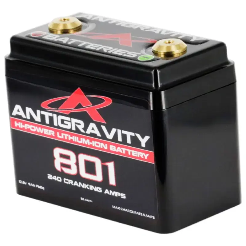 Angled view of Antigravity AG-801 lithium battery highlighting its durable build and compact design.