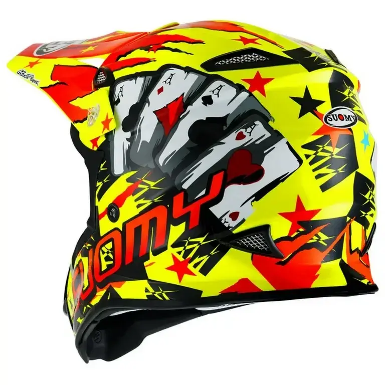 Thumbnail: Side view of SUOMY MX Jump Hazard Yellow Red Helmet highlighting ventilation ports, visor detail, and dynamic color pattern.