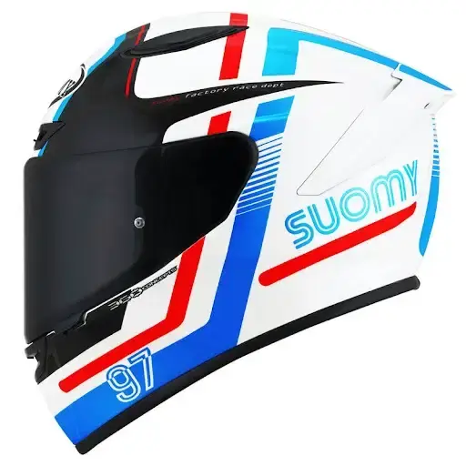 Thumbnail: Front angle of Suomy Track-1 97 White/Red/Blue helmet displaying wide visor, chin vent, and sporty contours.