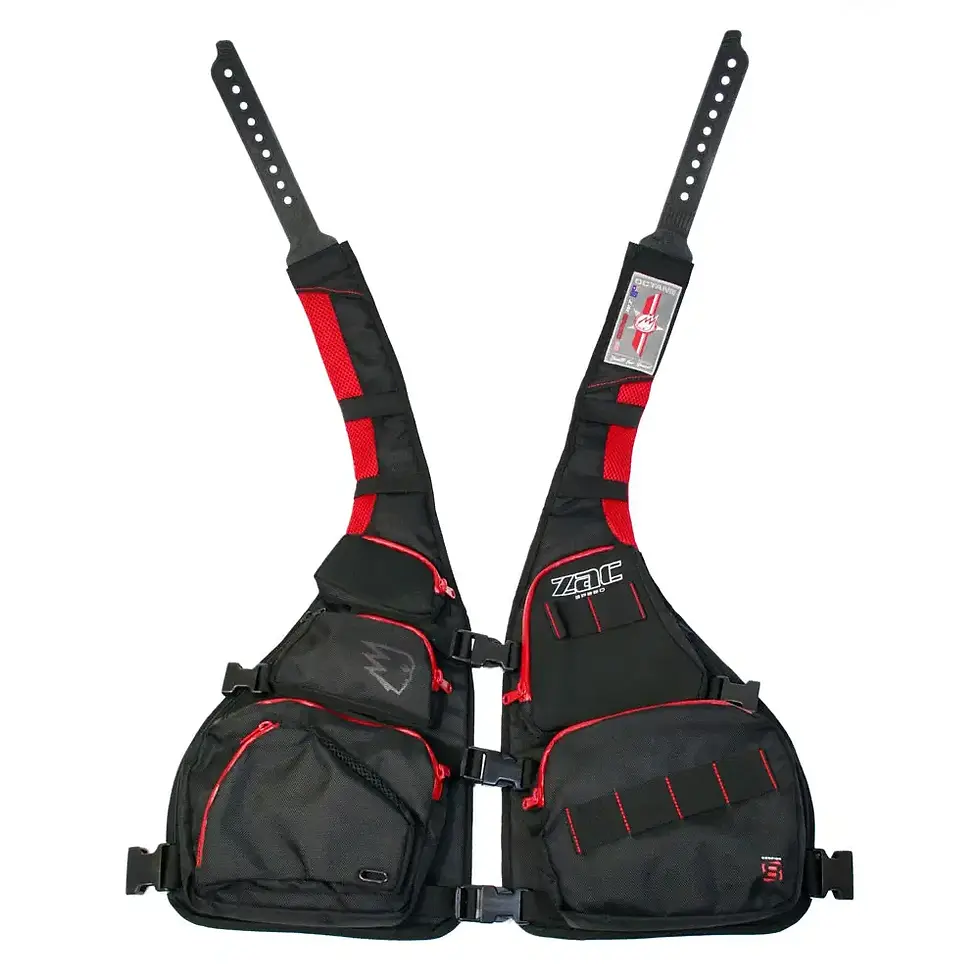 Zac Speed Octane Tech Vest in black featuring multiple adjustable straps, zippered pockets, and modular storage panels design