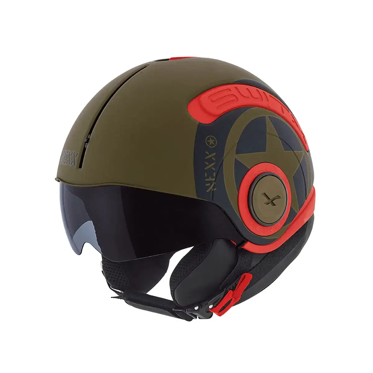 NEXX SX10 Hero Military Green Open-Face Helmet featuring stylish and functional urban design with matte military green finish