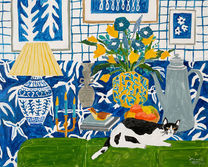 Room with a blue patterned tablecloth