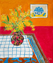 Room with Yellow Flowers and a Black Vase