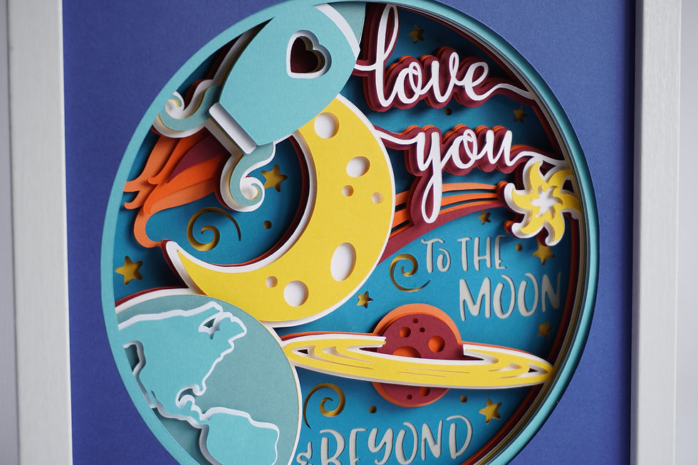 Thumbnail: White framed 3D shadow box with images of the world, plants, stars and moon and the words, "Love you to the Moon and Beyond"