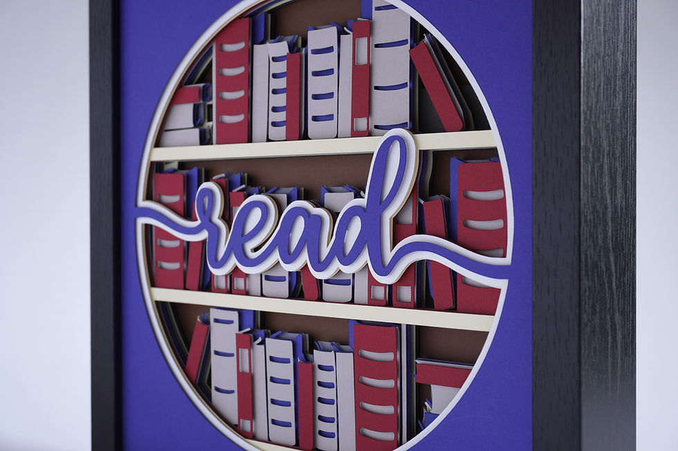 Thumbnail: Black framed 3D Read education cardstock shadow box in red, blue and gray