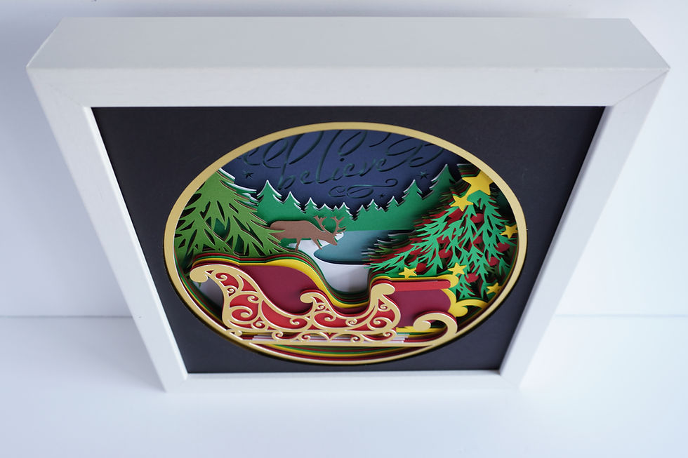Thumbnail: White framed 3d shadow box of Santa's sled