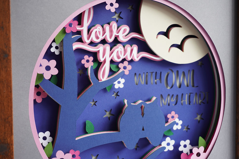 Thumbnail: Brown framed 3D shadow box of two owls on a branch with "Love you with Owl my Heart" in blues, pinks, and white