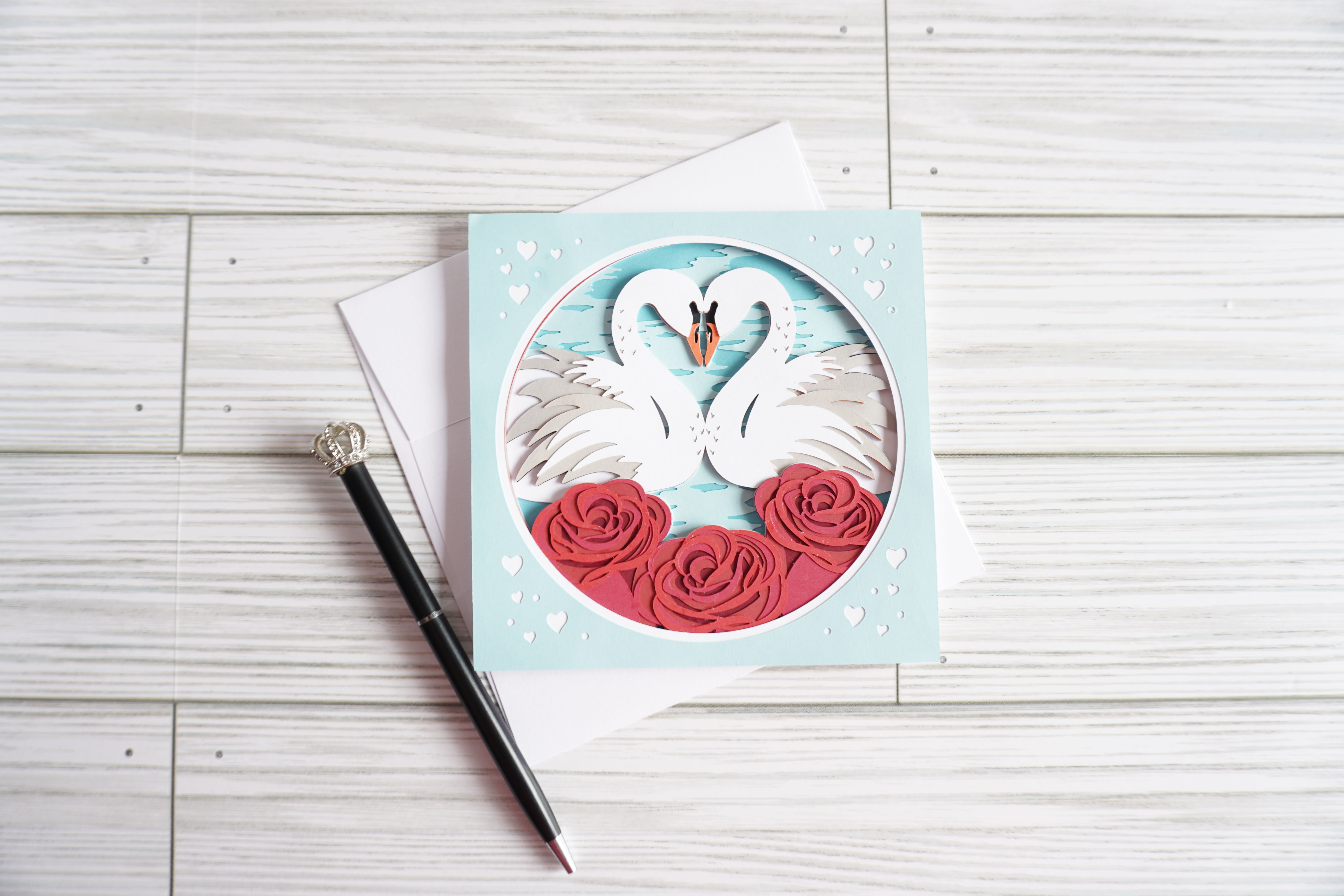 Swans in Love,  Layered, Handcrafted Card, 5 x 5