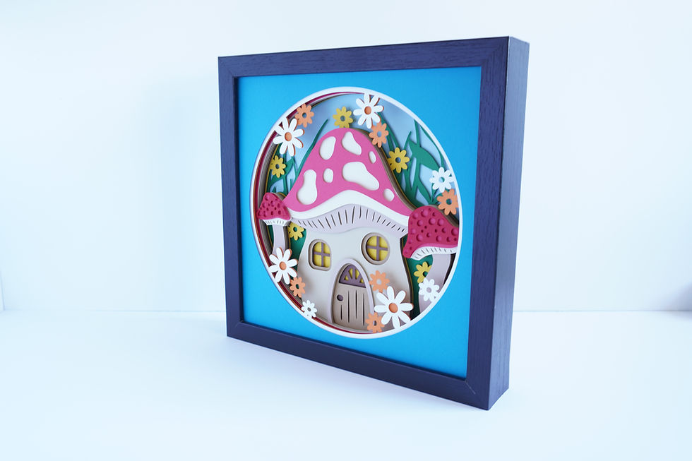 Thumbnail: Black framed 3d shadow box of a mushroom house