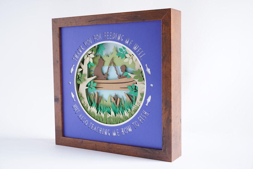 Thumbnail: Brown framed 3D shadow box of a boy and his father fishing on a lake