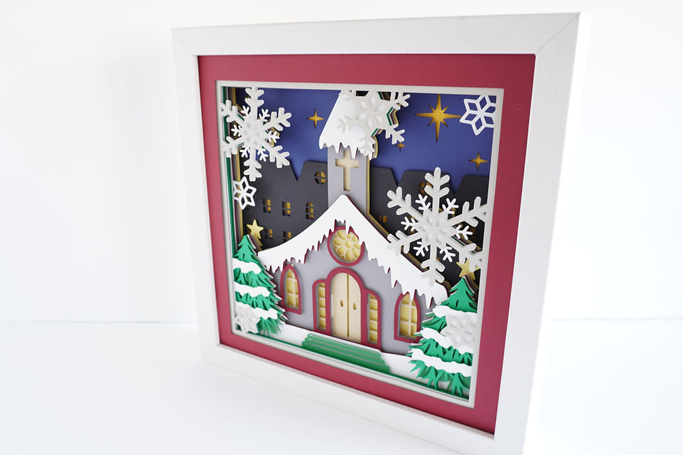 Thumbnail: White framed 3d shadow box of a Christmas church