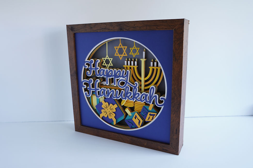 Thumbnail: Brown framed 3d shadow box of a Hanukkah scene