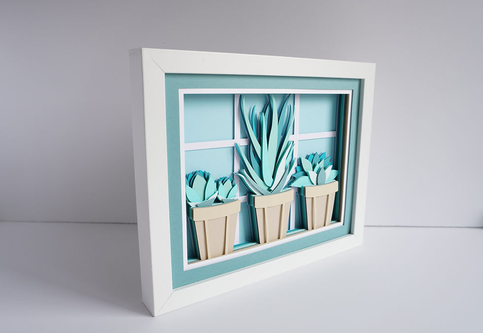 Thumbnail: White framed 3d shadow box of potted succulents