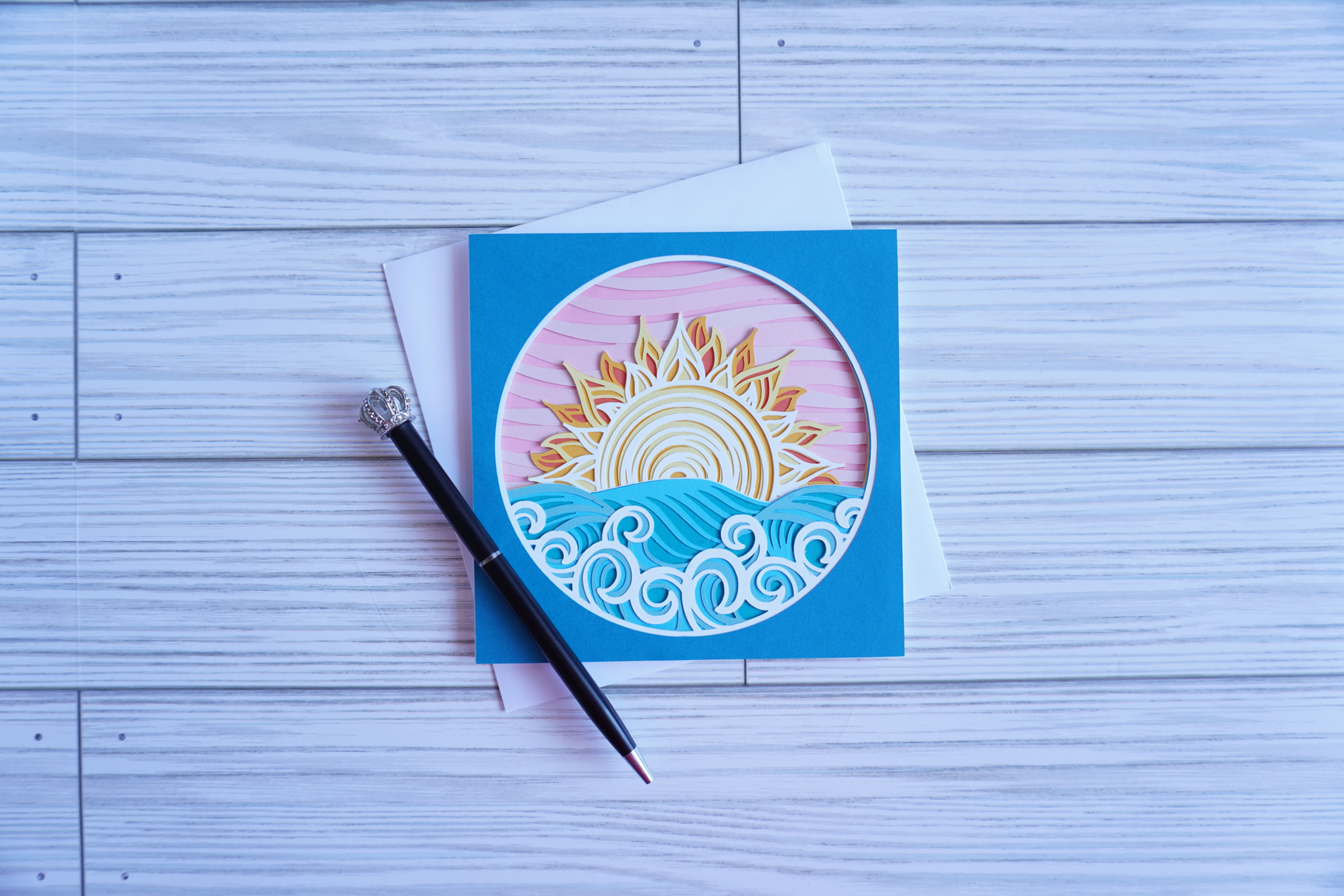 Ocean Sunset Layered, Handcrafted Card, 5 x 5