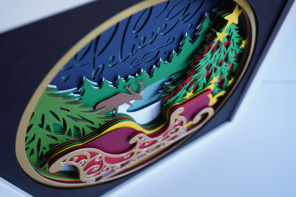 Thumbnail: White framed 3d shadow box of Santa's sled