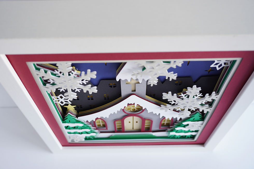Thumbnail: White framed 3d shadow box of a Christmas church