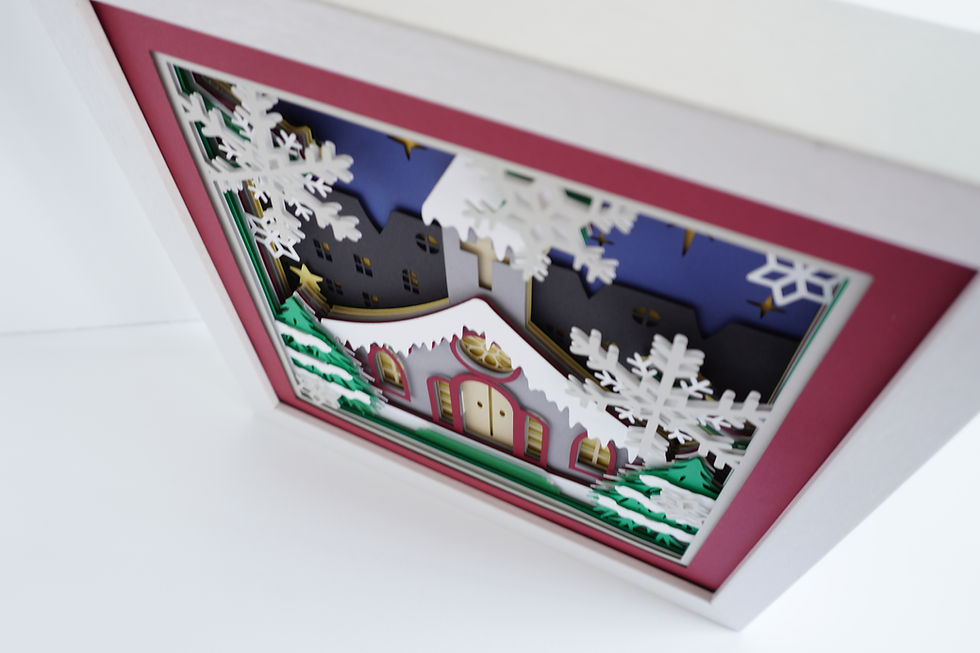 Thumbnail: White framed 3d shadow box of a Christmas church