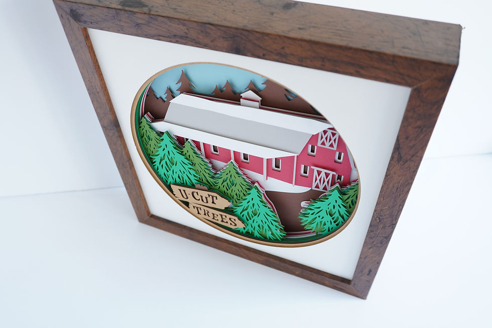 Thumbnail: Brown framed 3d shadow box of a barn and Christmas tree
