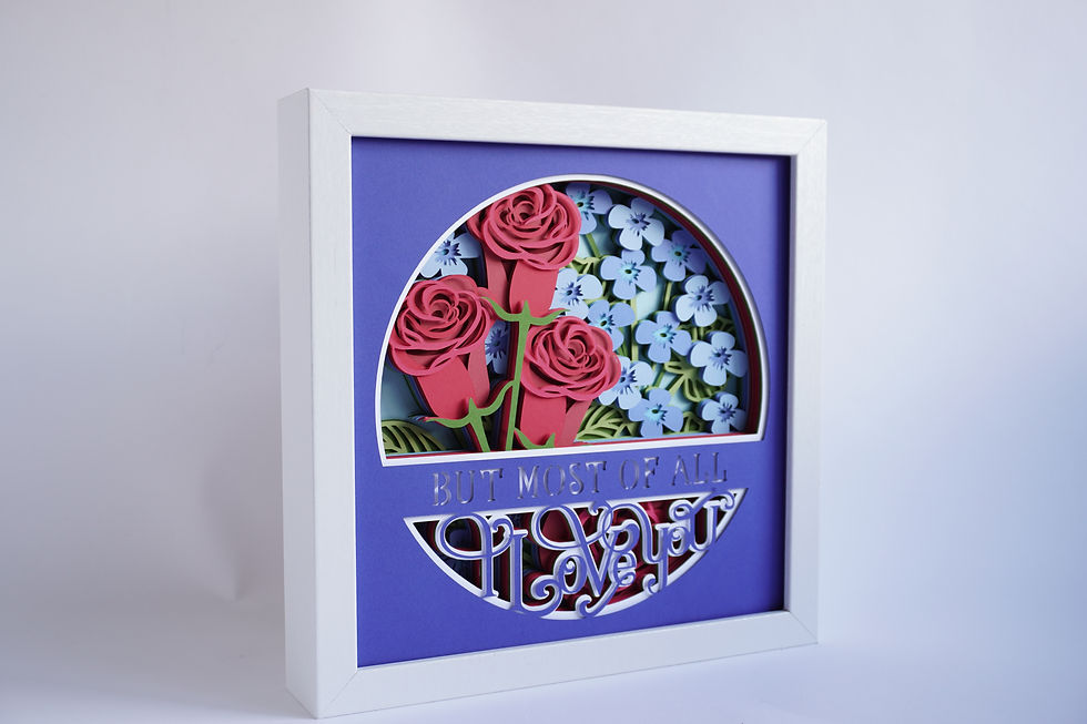 Thumbnail: White framed 3D shadow box with red roses and blue flowers and the words, "But Most of All I Love You"