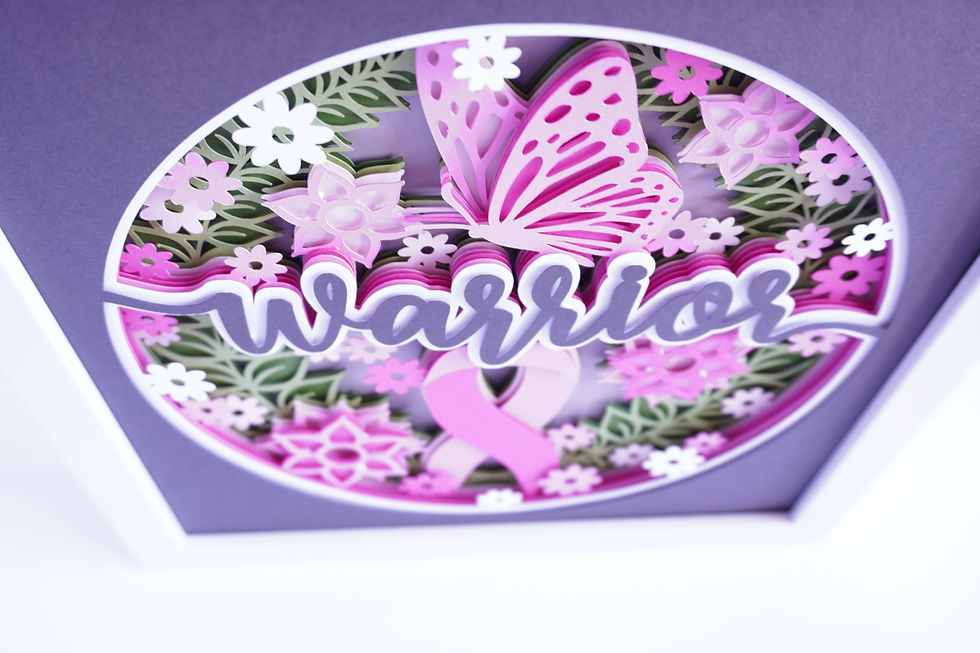 Thumbnail: White framed 3D shadow box of the warrior ribbon for breast cancer