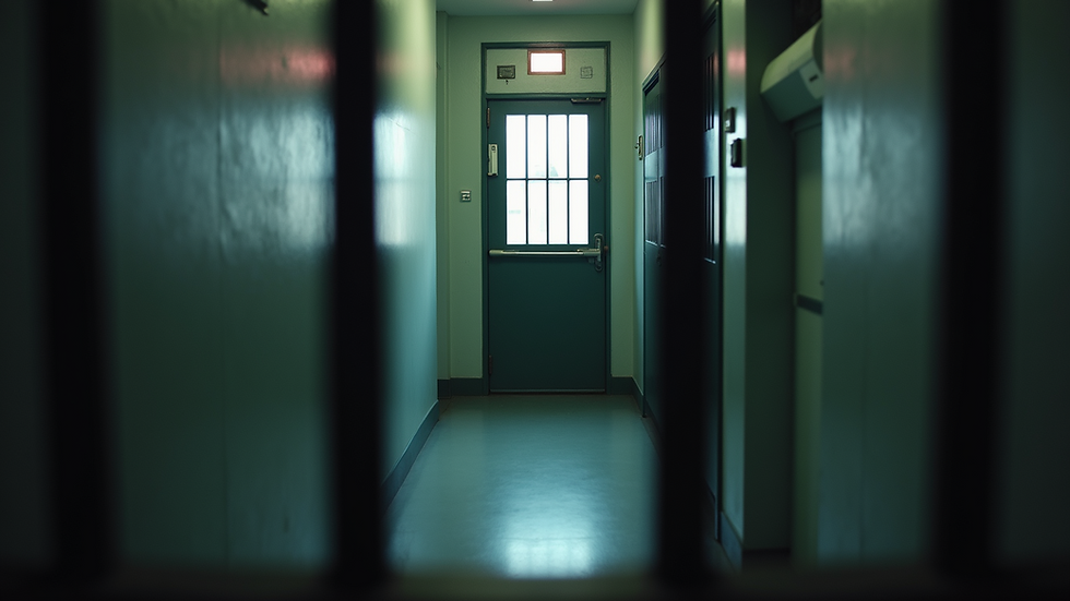 Eye-level view of a prison cell door with metal bars and a small window