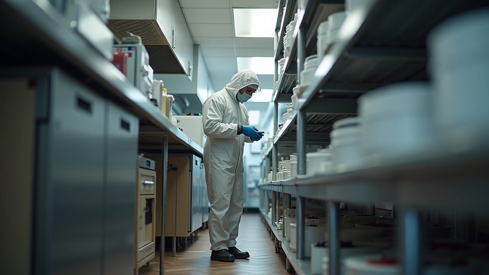 Eye-level view of pest control technician inspecting a commercial kitchen