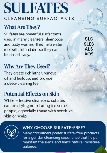 Infographic on sulfates and cleansing surfactants with bubbles and foam; text explains uses, skin effects, and sulfate-free products.